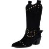 imageSHEMEE Studded Cowboy Boots for Women Mid Calf Western Boots Chunky High Heels Buckles Riding Boot Faux Suede Wide Calf Biker Motorcycle Tall Boot Pointed Toe Gothic Country ShoesBlack