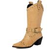 imageSHEMEE Studded Cowboy Boots for Women Mid Calf Western Boots Chunky High Heels Buckles Riding Boot Faux Suede Wide Calf Biker Motorcycle Tall Boot Pointed Toe Gothic Country ShoesApricotYellow