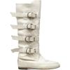 imageSHEMEE Womens Medieval Renaissance Knee High Boots Punk Flats Low Heels Slouchy Boots Multi Buckles Straps Wide Calf Biker Riding Tall Boot Round Toe Gothic Motorcycle Rave ShoesWhite