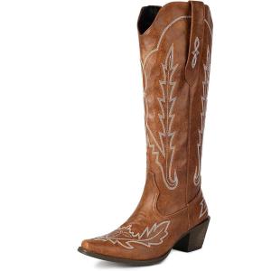 imageSHEMEE Embroidered Cowboy Boots for Women Knee High Western Cowgirl Boots Chunky Heels Fashion Retro KneeHigh Tall Boot Almond Round Toe Slip On Country ShoesBrown