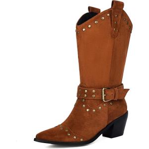 imageSHEMEE Studded Cowboy Boots for Women Mid Calf Western Boots Chunky High Heels Buckles Riding Boot Faux Suede Wide Calf Biker Motorcycle Tall Boot Pointed Toe Gothic Country ShoesBrown