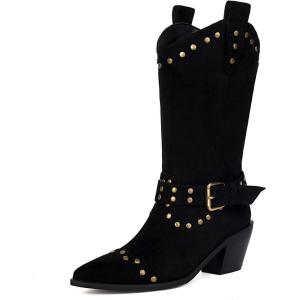 imageSHEMEE Studded Cowboy Boots for Women Mid Calf Western Boots Chunky High Heels Buckles Riding Boot Faux Suede Wide Calf Biker Motorcycle Tall Boot Pointed Toe Gothic Country ShoesBlack