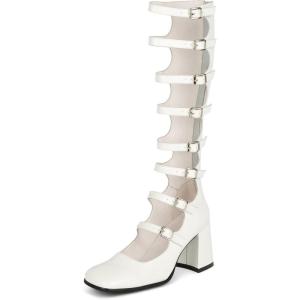 imageSHEMEE Womens Gothic Lolita Boots Knee High Chunky Block Heels Mary Janes Square Toe Y2K Buckles Strap Combat Moto Boots Back Zip Open Front Punk Cosplay ShoesWhite