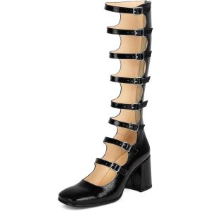 imageSHEMEE Womens Gothic Lolita Boots Knee High Chunky Block Heels Mary Janes Square Toe Y2K Buckles Strap Combat Moto Boots Back Zip Open Front Punk Cosplay ShoesBlack
