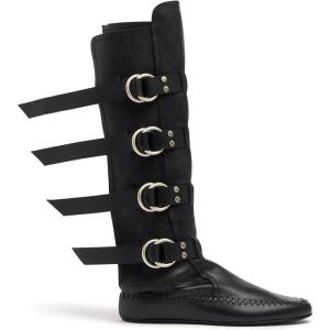 imageSHEMEE Womens Medieval Renaissance Knee High Boots Punk Flats Low Heels Slouchy Boots Multi Buckles Straps Wide Calf Biker Riding Tall Boot Round Toe Gothic Motorcycle Rave ShoesBlack