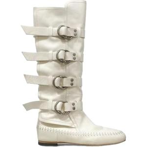 imageSHEMEE Womens Medieval Renaissance Knee High Boots Punk Flats Low Heels Slouchy Boots Multi Buckles Straps Wide Calf Biker Riding Tall Boot Round Toe Gothic Motorcycle Rave ShoesWhite
