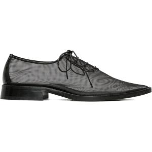 imageSHEMEE Womens Mesh Oxford Flats Lace Up Ballet Flat Pointy Toe Fishnet Ballerina Flats Chunky Low Heels Derby Shoes Trendy Casual Daily Dress ShoeBlack