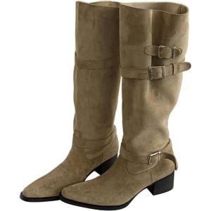 imageSHEMEE Womens Slouchy Knee High Boots Wide Calf Chunky Heels Fashion Buckle Biker Riding Boots MidCalf Knight Western Boot Pointy Toe Punk Rave ShoesKhaki