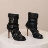 imageSHEMEE Womens Lace Mesh Ankle Booties Peep Toe Stiletto High Heels Sandals Zipper OpenToe Gladiator Roman Sandals with BuckledBlack