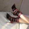 imageSHEMEE Womens Lace Mesh Ankle Booties Peep Toe Stiletto High Heels Sandals Zipper OpenToe Gladiator Roman Sandals with BuckledRed
