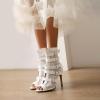 imageSHEMEE Womens Lace Mesh Ankle Booties Peep Toe Stiletto High Heels Sandals Zipper OpenToe Gladiator Roman Sandals with BuckledWhite