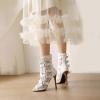 imageSHEMEE Womens Lace Mesh Ankle Booties Peep Toe Stiletto High Heels Sandals Zipper OpenToe Gladiator Roman Sandals with BuckledWhite