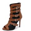 imageSHEMEE Womens Lace Mesh Ankle Booties Peep Toe Stiletto High Heels Sandals Zipper OpenToe Gladiator Roman Sandals with BuckledYellow