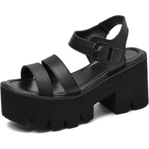 imageSHEMEE Womens Goth Platform Sandals Cutout Roman Ankle Strap Buckle Punk Gothic Chunky High Heel Summer ShoesBlack