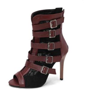 imageSHEMEE Womens Lace Mesh Ankle Booties Peep Toe Stiletto High Heels Sandals Zipper OpenToe Gladiator Roman Sandals with BuckledRed