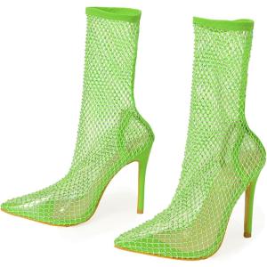 imageSHEMEE Womens Mesh High Heels Stiletto Fishnet Ankle Boots Summer Heeled Sandals Pointed Toe Cutout Bling Rhinestones Sock Booties Party Club Dress ShoesGreen