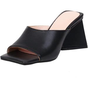 imageSHEMEE Womens Square Toe Chunky Heeled Mules Sandals Shoes Opentoe Slip On High Heel Slides SlippersBlack