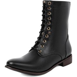 imageSHEMEE Womens Vintage Punk Renaissance Ankle Booties 1 INCH Low Heels Lace Up Combat Boots Pirate Costume Medieval Short Boot Slip Resistant Flat Biker Knight Oxford BootsBlack