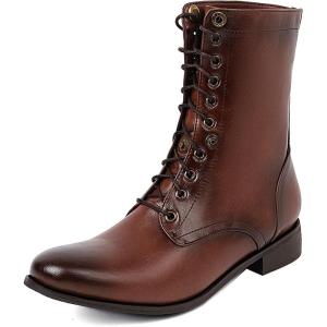 imageSHEMEE Womens Vintage Punk Renaissance Ankle Booties 1 INCH Low Heels Lace Up Combat Boots Pirate Costume Medieval Short Boot Slip Resistant Flat Biker Knight Oxford BootsBrown