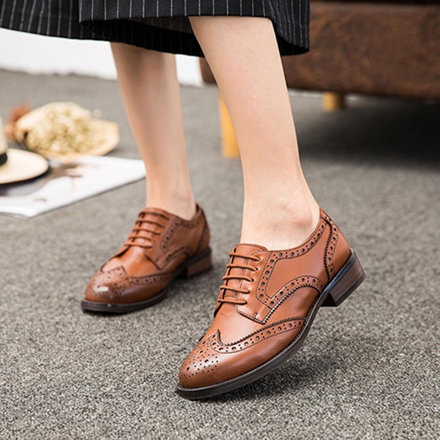 imageSHEMEE Womens Classic Oxfords Lace Up Leather Formal Business Casual Shoes Flats Low Heels Vintage Wingtip Perforated Brogues Slip Resistant Work Office Dress ShoeBrown