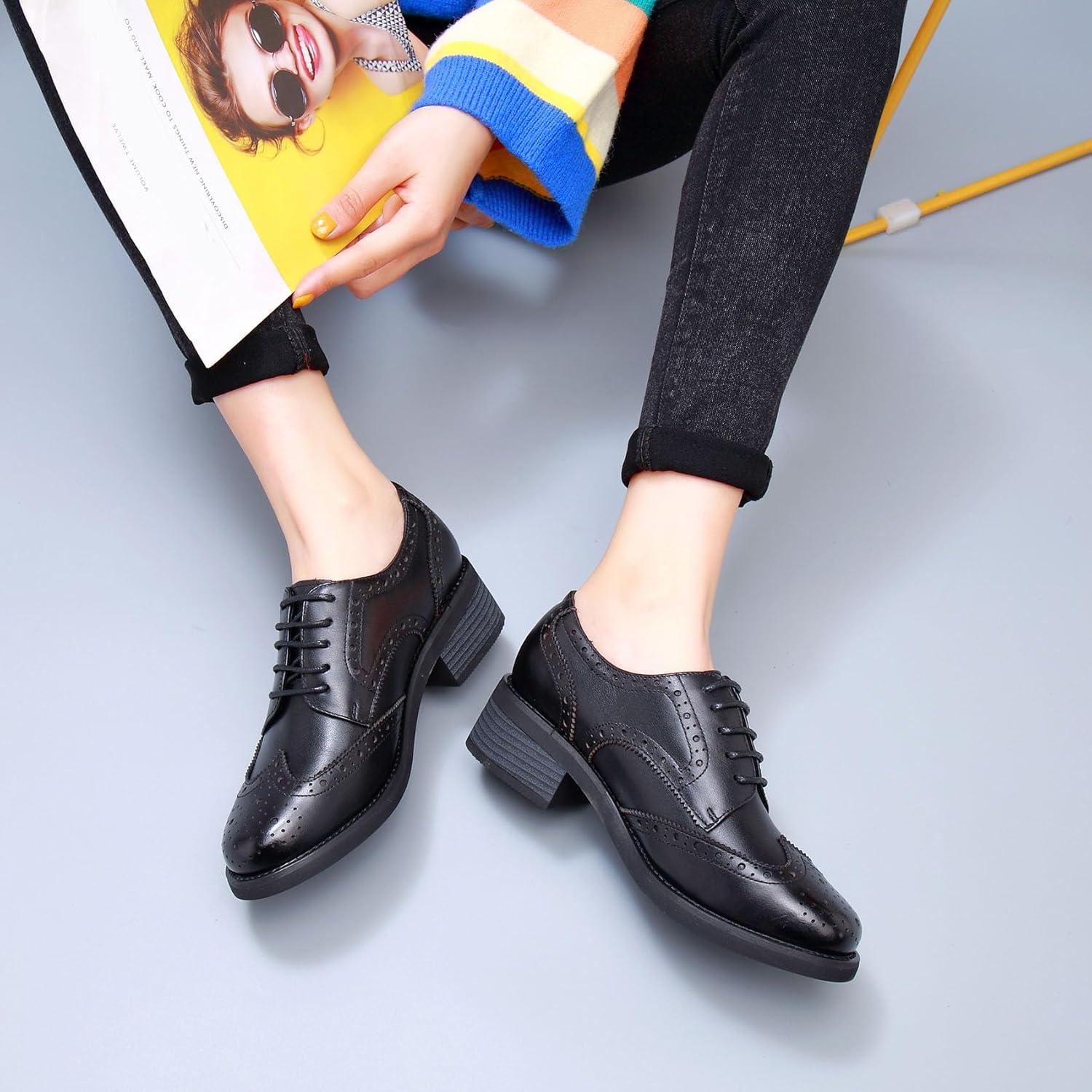 imageSHEMEE Womens Classic Oxfords Lace Up Leather Formal Business Casual Shoes Flats Low Heels Vintage Wingtip Perforated Brogues Slip Resistant Work Office Dress ShoeBlack
