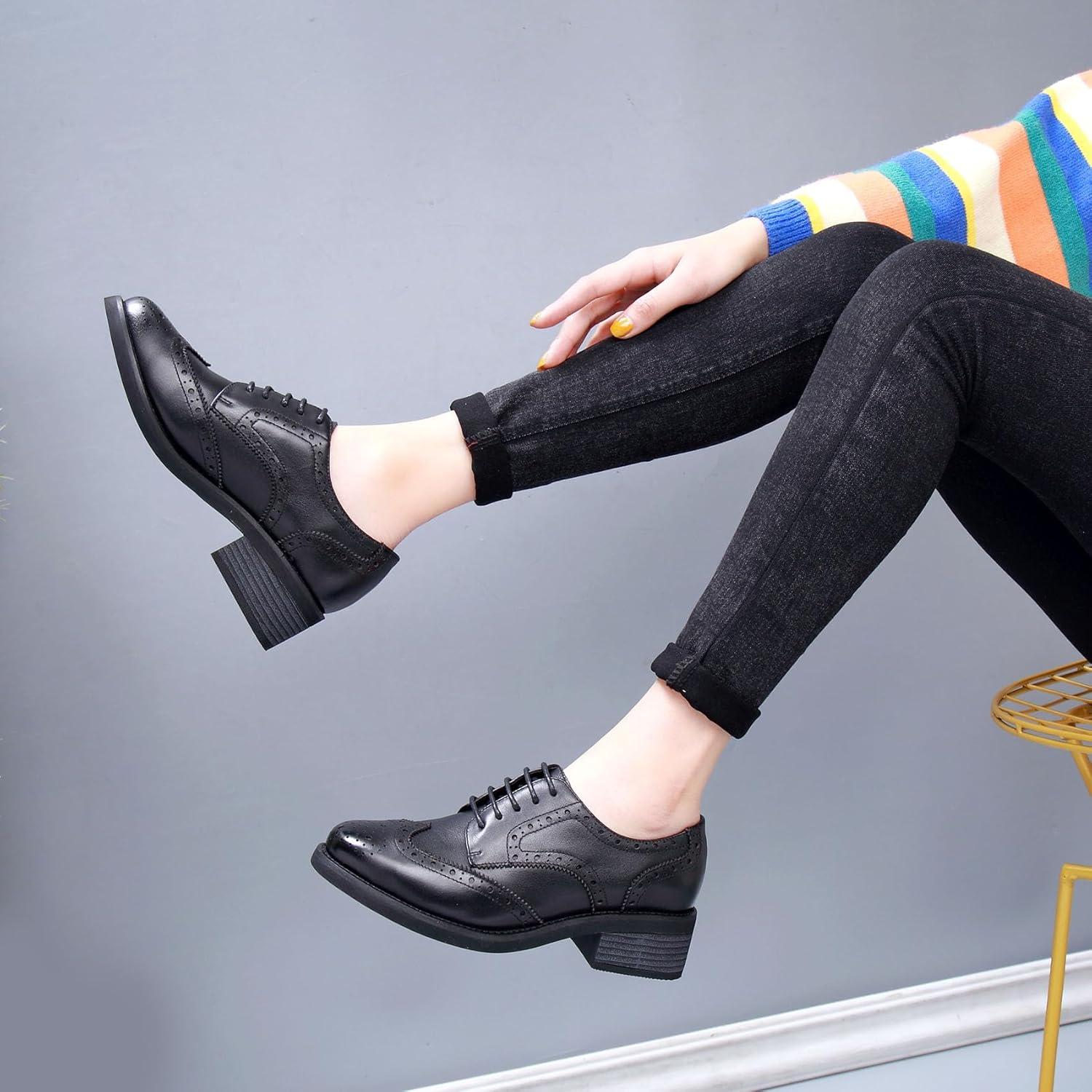 imageSHEMEE Womens Classic Oxfords Lace Up Leather Formal Business Casual Shoes Flats Low Heels Vintage Wingtip Perforated Brogues Slip Resistant Work Office Dress ShoeBlack
