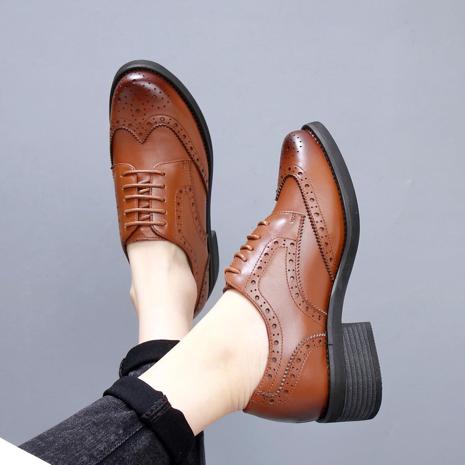 imageSHEMEE Womens Classic Oxfords Lace Up Leather Formal Business Casual Shoes Flats Low Heels Vintage Wingtip Perforated Brogues Slip Resistant Work Office Dress ShoeBrown