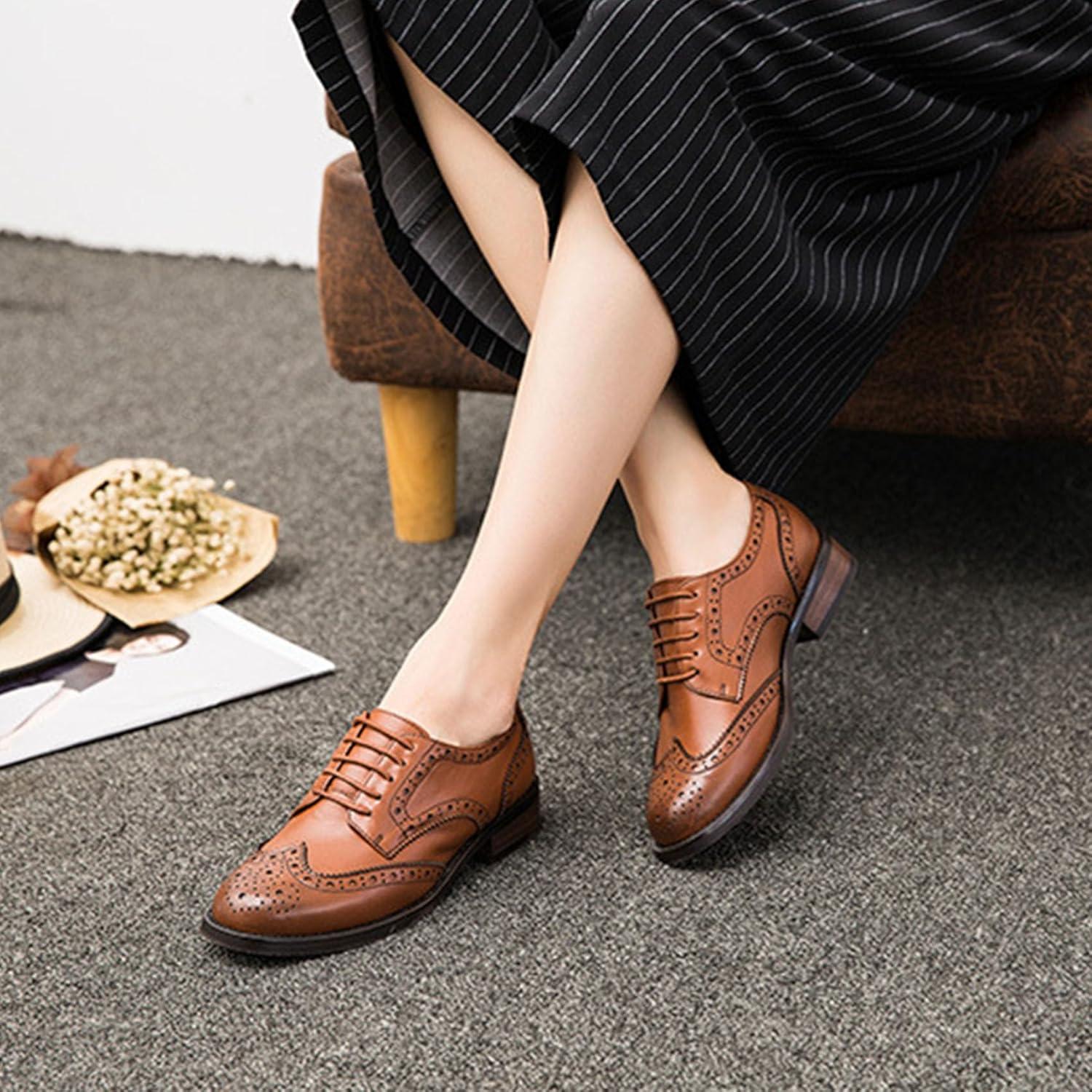 imageSHEMEE Womens Classic Oxfords Lace Up Leather Formal Business Casual Shoes Flats Low Heels Vintage Wingtip Perforated Brogues Slip Resistant Work Office Dress ShoeBrown