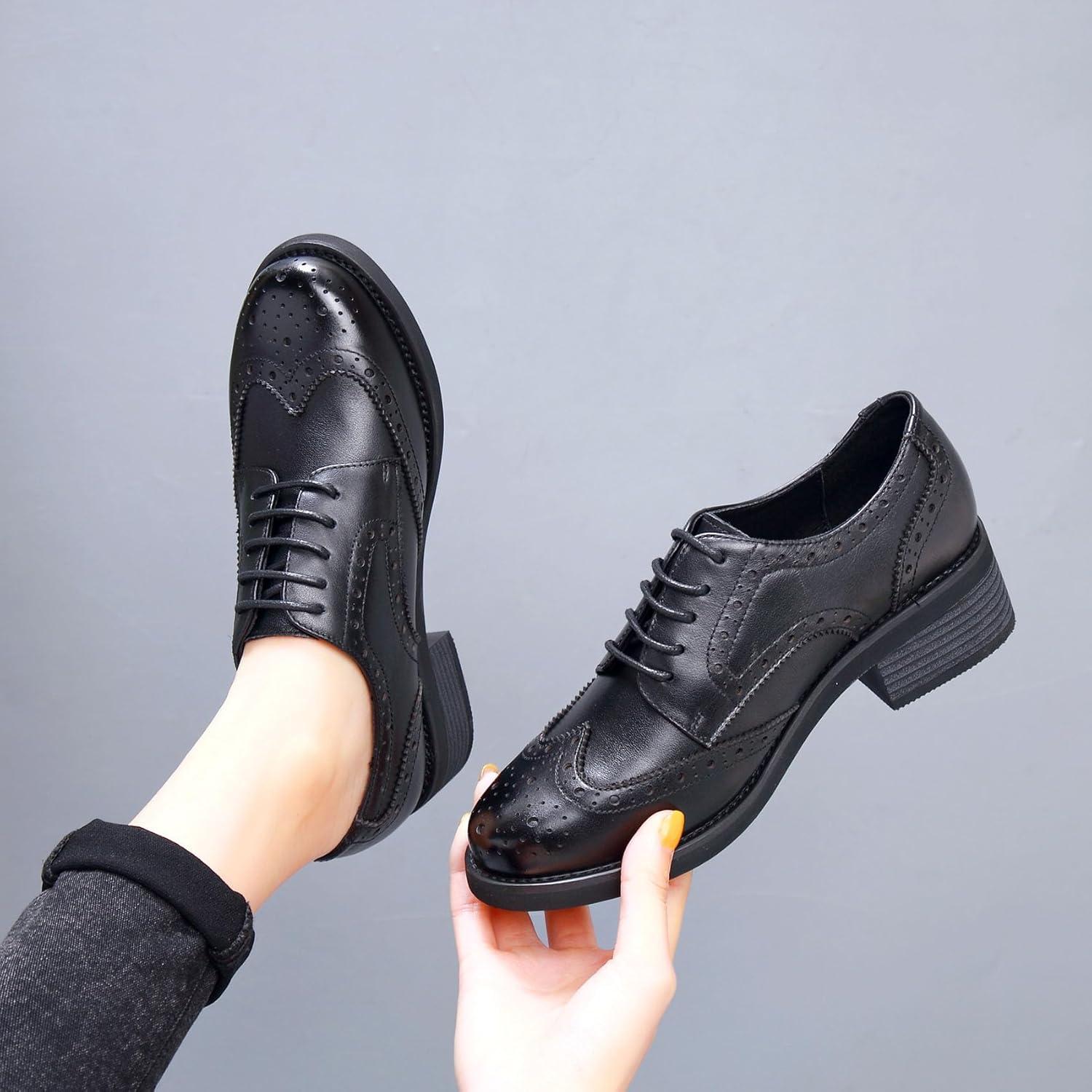 imageSHEMEE Womens Classic Oxfords Lace Up Leather Formal Business Casual Shoes Flats Low Heels Vintage Wingtip Perforated Brogues Slip Resistant Work Office Dress ShoeBlack