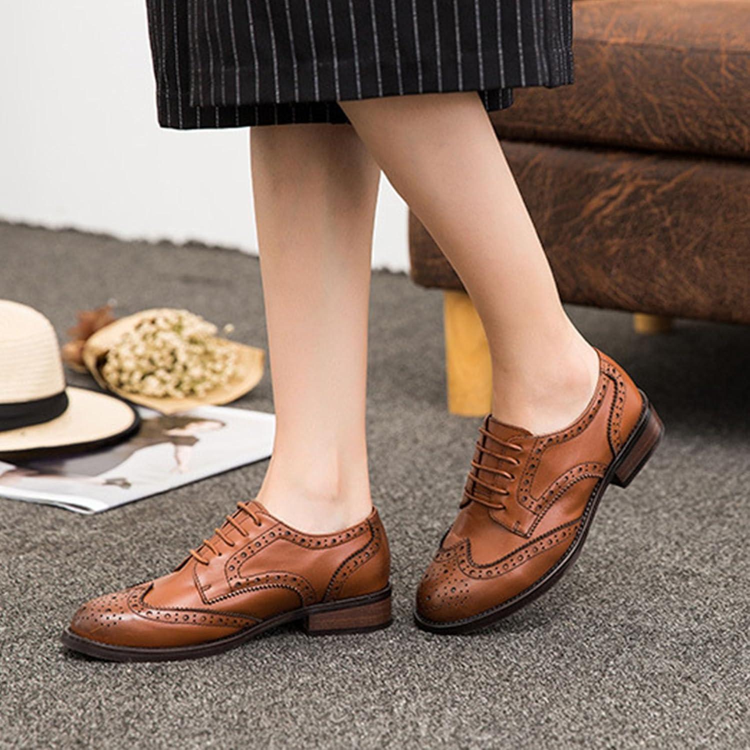 imageSHEMEE Womens Classic Oxfords Lace Up Leather Formal Business Casual Shoes Flats Low Heels Vintage Wingtip Perforated Brogues Slip Resistant Work Office Dress ShoeBrown