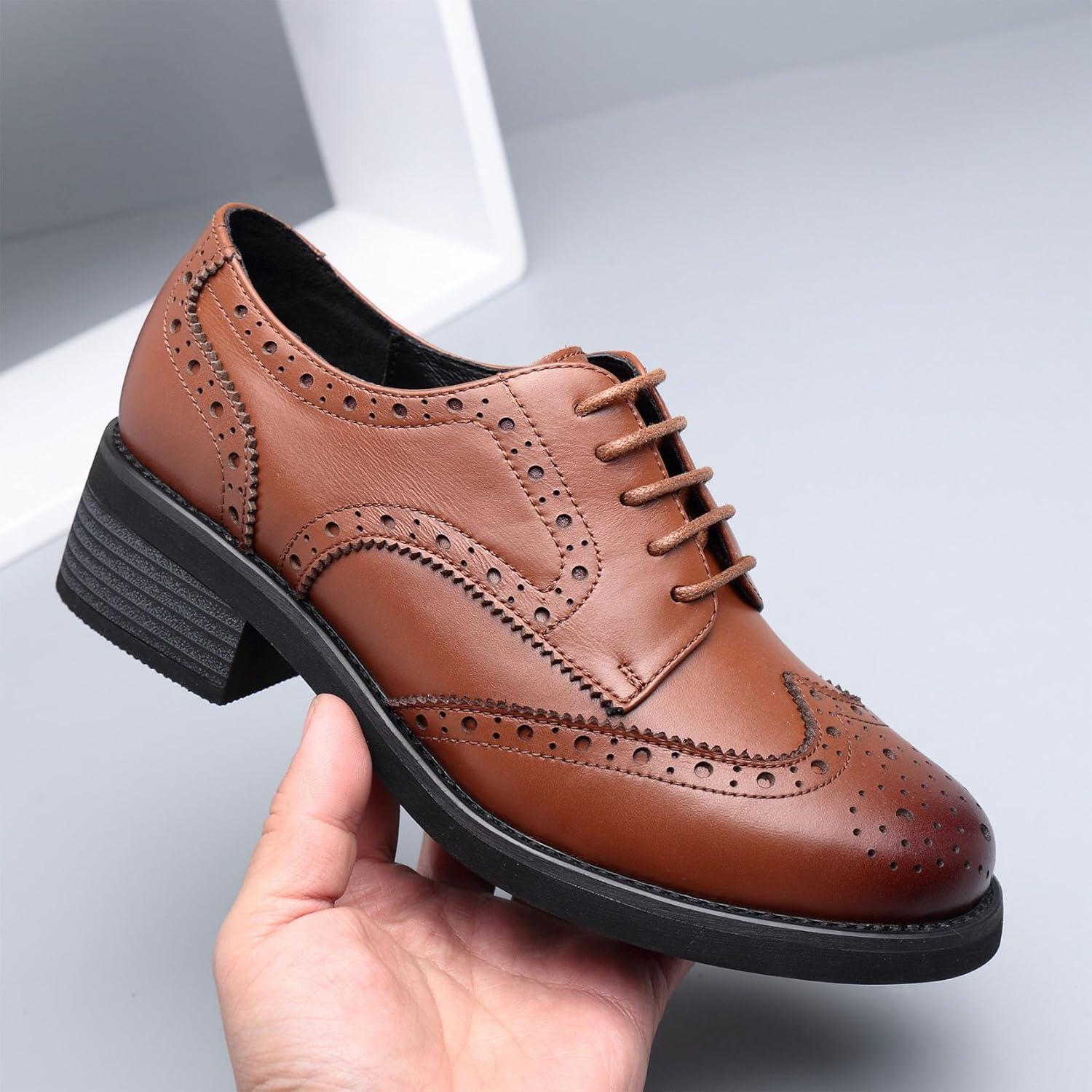 imageSHEMEE Womens Classic Oxfords Lace Up Leather Formal Business Casual Shoes Flats Low Heels Vintage Wingtip Perforated Brogues Slip Resistant Work Office Dress ShoeBrown