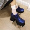 imageSHEMEE Womens Chunky Platform Patent Leather Oxfords Pumps Vintage Wingtip Lace Up Block High Heel Square Toe Gothic Brogue ShoesNavy Blue