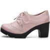 imageSHEMEE Womens Lace Up Chunky Heel Vintage Wingtip Dress Oxfords Round Toe Block High Heels Pumps Retro Brogues ShoesPink