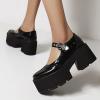 imageSHEMEE Womens Platform Chunky High Heel Pumps Ankle Strap Buckle Mary Janes Block Heeled Round Toe Gothic Oxford Dress ShoesPatent Black