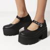 imageSHEMEE Womens Platform Chunky High Heel Pumps Ankle Strap Buckle Mary Janes Block Heeled Round Toe Gothic Oxford Dress ShoesPu Black