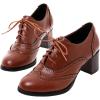 imageSHEMEE Womens Block Heel Lace Up Pumps Stacked Chunky High Heels Wingtip Oxfords Round Toe Vintage Brogues Dress ShoesBrown