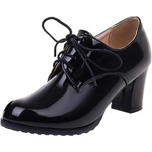 imageSHEMEE Patent Leather Oxfords for Women Chunky Block Heels Brogues Round Toe Lace Up Pumps Work Office Dress ShoesBlack