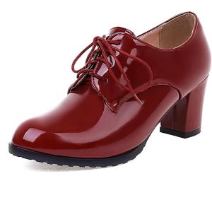 imageSHEMEE Patent Leather Oxfords for Women Chunky Block Heels Brogues Round Toe Lace Up Pumps Work Office Dress ShoesBurgundy