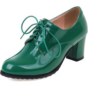 imageSHEMEE Patent Leather Oxfords for Women Chunky Block Heels Brogues Round Toe Lace Up Pumps Work Office Dress ShoesGreen