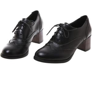 imageSHEMEE Womens Block Heel Lace Up Pumps Stacked Chunky High Heels Wingtip Oxfords Round Toe Vintage Brogues Dress ShoesBlack