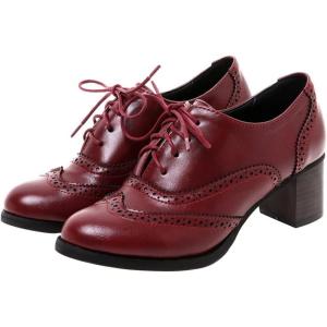imageSHEMEE Womens Block Heel Lace Up Pumps Stacked Chunky High Heels Wingtip Oxfords Round Toe Vintage Brogues Dress ShoesBurgundy