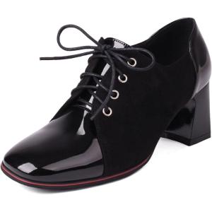 imageSHEMEE Womens Chunky Block Heels Oxfords Pumps Two Tone Retro Brogues Square Toe Patchwork Lace Up Saddles ShoesBlack
