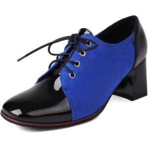 imageSHEMEE Womens Chunky Block Heels Oxfords Pumps Two Tone Retro Brogues Square Toe Patchwork Lace Up Saddles ShoesBlue
