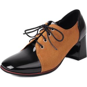 imageSHEMEE Womens Chunky Block Heels Oxfords Pumps Two Tone Retro Brogues Square Toe Patchwork Lace Up Saddles ShoesBrown