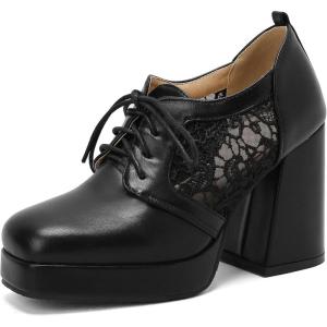 imageSHEMEE Womens Chunky High Heels Square Toe Oxfords Pumps Platform Lace Up Block Heeled Booties Office Dress ShoesBlack