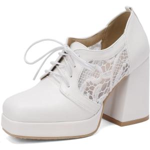 imageSHEMEE Womens Chunky High Heels Square Toe Oxfords Pumps Platform Lace Up Block Heeled Booties Office Dress ShoesWhite