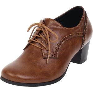 imageSHEMEE Womens Chunky Lace Up Vintage Oxfords Dress Pumps Round Toe Block Mid Heels Retro Brogues ShoesBrown