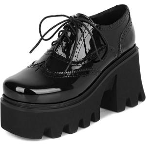 imageSHEMEE Womens Chunky Platform Patent Leather Oxfords Pumps Vintage Wingtip Lace Up Block High Heel Square Toe Gothic Brogue ShoesBlack