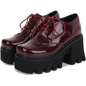 imageSHEMEE Womens Chunky Platform Patent Leather Oxfords Pumps Vintage Wingtip Lace Up Block High Heel Square Toe Gothic Brogue ShoesBurgundy