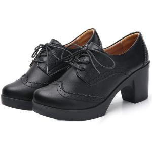 imageSHEMEE Womens Lace Up Chunky Heel Vintage Wingtip Dress Oxfords Round Toe Block High Heels Pumps Retro Brogues ShoesBlack